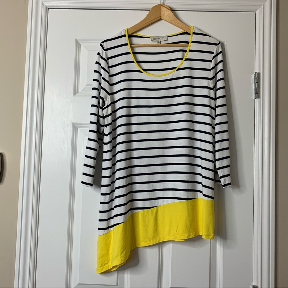 Jones New York Sport Black and White Striped Tunic with Yellow Trim Size L